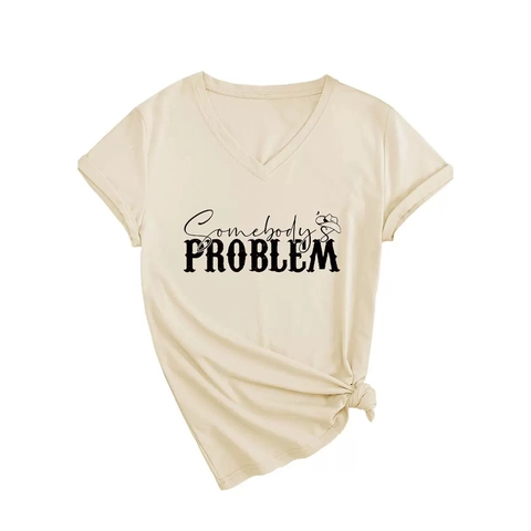 T-Shirt Col En V Mélange De Coton Somebody's Problem Imprimé Lettres Chapeau De Cow-Boy Noeud Ourlet Mode Femme