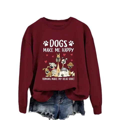 Felpa Casual da Donna in Misto Cotone Con Stampa Umoristica di Cani Girocollo Manica Lunga Pullover Streetwear Moda Maglione