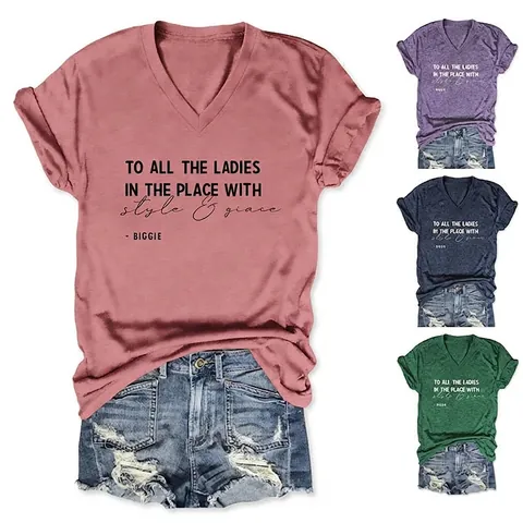 T-Shirt Da Donna Con Scollo A V Maniche Corte Misto Cotone Stampa Grafica Slogan Nodo Laterale Top Casual Estivo