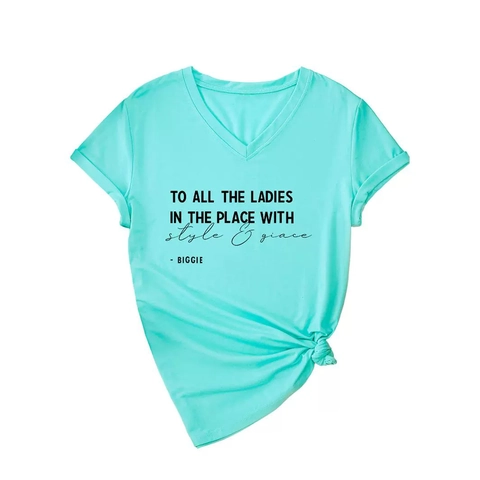 T-Shirt Da Donna Con Scollo A V Maniche Corte Misto Cotone Stampa Grafica Slogan Nodo Laterale Top Casual Estivo