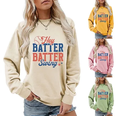 Women Crewneck Sweatshirt Cotton Blend Long Sleeve Baseball Hey Batter Batter Swing Pullover Casual Street Fashion