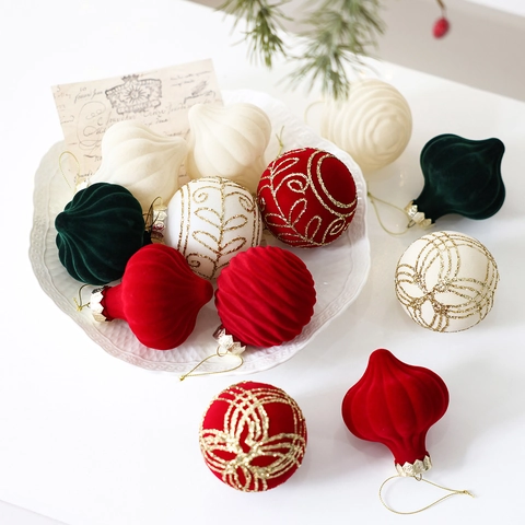 Flocked Christmas Ball Ornaments Red White Green Velvet Texture Painted Gold Glitter Hanging Tree Ornaments For Holiday Party Decor