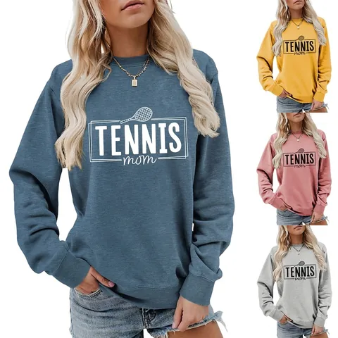 Women's Sweatshirt Tennis Mom Letter Print Long Sleeve Crew Neck Cotton Polyester Loose Fit Casual Pullover