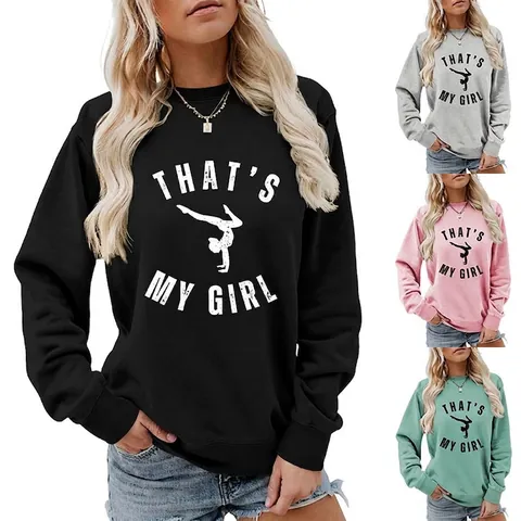 Women Sweatshirt Crewneck Cotton Blend Long Sleeve That's My Girl Gymnast Silhouette Print Casual Pullover Streetwear
