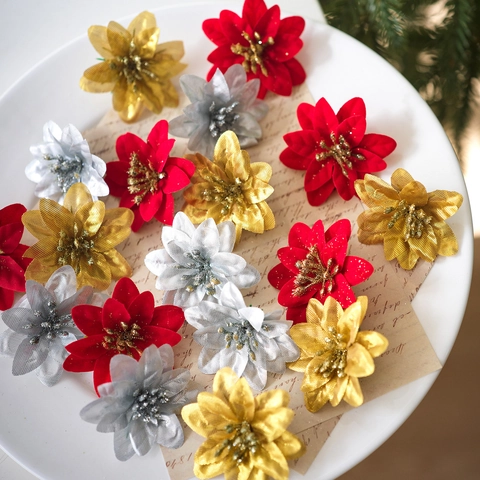 Glitter Flocked Artificial Poinsettia Flower Heads For Festive Holiday Decor Christmas Tree Wreath DIY Ornament