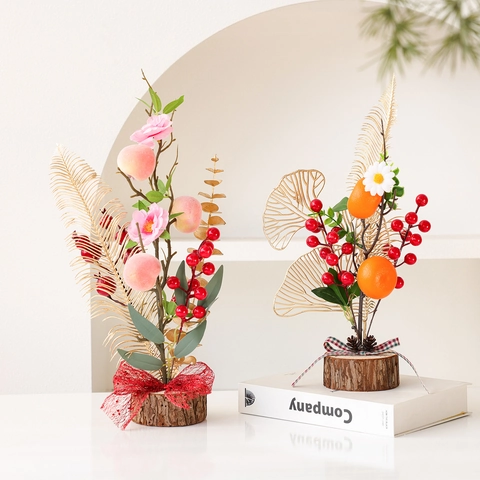 Artificial Red Berry Small Tree New Year Ornament With Natural Wood Base Persimmon Fruit Gold Coin Festive Desktop Decoration