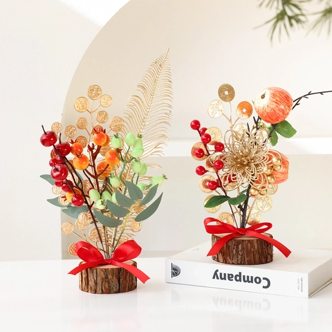 Artificial Red Berry Small Tree New Year Ornament With Natural Wood Base Persimmon Fruit Gold Coin Festive Desktop Decoration