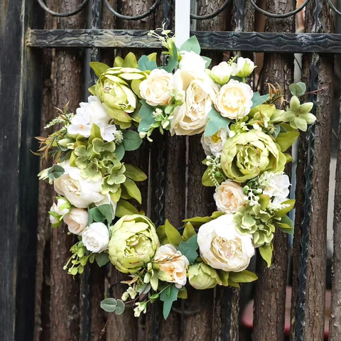 Couronne de Fleurs de Pivoine Artificielle Blanc Crème Guirlande Florale en Soie pour Porte d'Entrée Mariage Fête Maison Salon Décor Printemps Vintage Ornement Mural