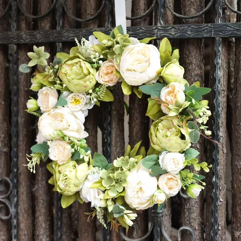 Couronne de Fleurs de Pivoine Artificielle Blanc Crème Guirlande Florale en Soie pour Porte d'Entrée Mariage Fête Maison Salon Décor Printemps Vintage Ornement Mural