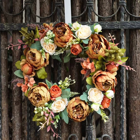 Artificial Peony Flower Wreath Vintage Autumn Fabric Floral Wreath With Maple Leaves Berries For Front Door Thanksgiving