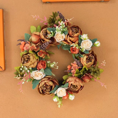 Artificial Peony Flower Wreath Vintage Autumn Fabric Floral Wreath With Maple Leaves Berries For Front Door Thanksgiving