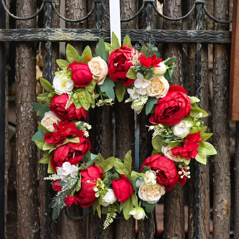 Artificial Peony Rose Flower Wreath For Front Door Wall Decor Large Red Floral Hanging Garland For Home Wedding Party Decoration