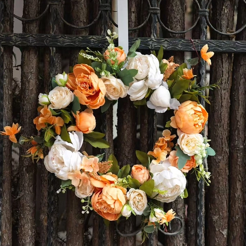 Artificial Peony Wreath Silk Flower Garland Orange White Simulated Floral Decor For Front Door Wedding Party Home Wall Decoration