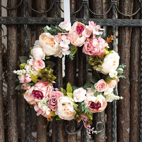 Pink Peony Artificial Flower Wreath 40cm Silk Rose Garland For Front Door Home Wedding Wall Decoration Pastoral Hanging Decor