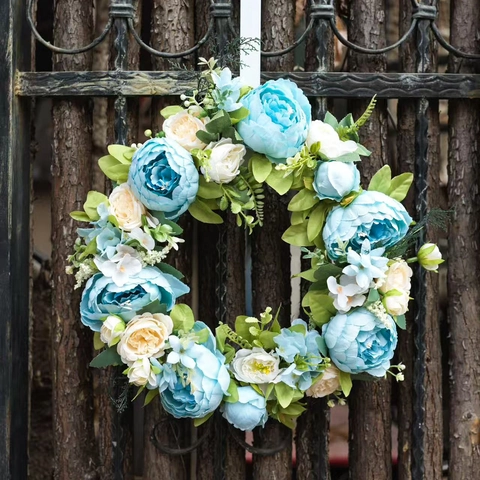 Künstlicher Pfingstrosenkranz Blau Weiß Satinstoff Tür Wandbehang Girlande Für Hochzeit Zuhause Wohnzimmer Dekor