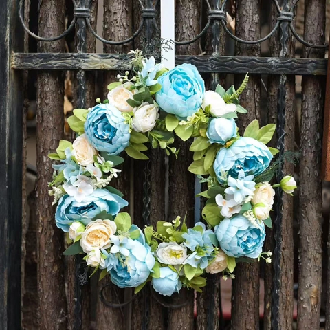 Künstlicher Pfingstrosenkranz Blau Weiß Satinstoff Tür Wandbehang Girlande Für Hochzeit Zuhause Wohnzimmer Dekor