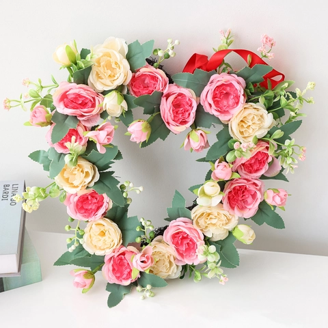 Heart Shaped Artificial Rose Wreath Pink Cream Floral Door Hanging Garland For Wedding Valentine Day Mothers Day Home Decoration