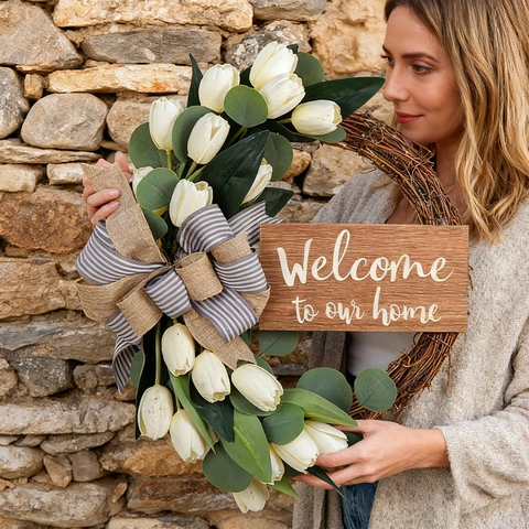 Artificial White Tulip Eucalyptus Wreath With Welcome Wood Sign Linen Bow Rustic Farmhouse Home Wall Front Door Decoration