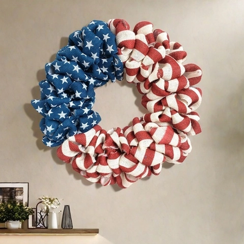 Corona de Arpillera del Día de la Independencia Americana Corona Patriótica de Estrellas y Rayas Roja Blanca y Azul para Decoración del Hogar