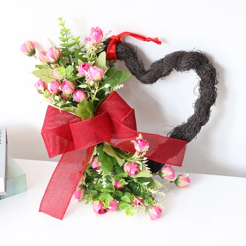 Guirnalda de Rosas Artificiales en Forma de Corazón Lazo Rojo Base de Ratán Decoración Pared Puerta Casa Regalo