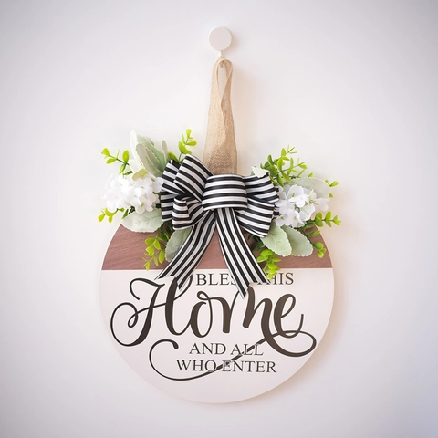 Round Wooden Welcome Sign Front Door Decor With Artificial Greenery Black White Striped Bow Farmhouse Porch Wall Hanging