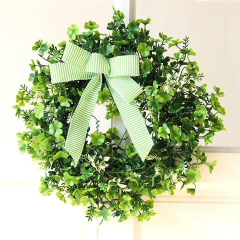 St. Patrick's Day Kleeblatt Kranz Mit Grün Weiß Gestreifter Schleife Haustür Wandbehang Frühling Grün Simulation Pflanze Girlande Heimdeko