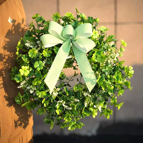 St. Patrick's Day Kleeblatt Kranz Mit Grün Weiß Gestreifter Schleife Haustür Wandbehang Frühling Grün Simulation Pflanze Girlande Heimdeko