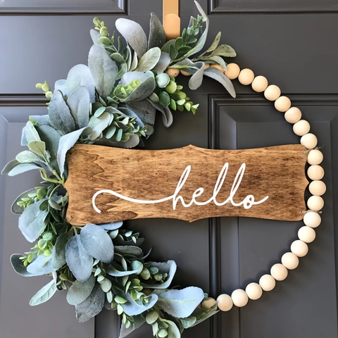 Ghirlanda Artificiale di Eucalipto Con Perle di Legno E Scritta Hello Decorazione per Porta Parete Matrimonio Casa Giardino