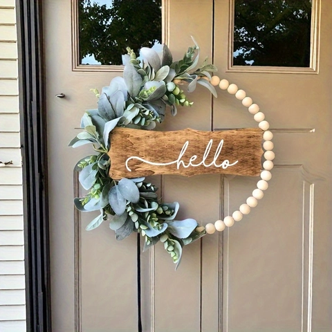 Ghirlanda Artificiale di Eucalipto Con Perle di Legno E Scritta Hello Decorazione per Porta Parete Matrimonio Casa Giardino