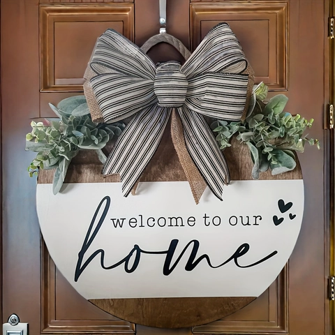 Welcome To Our Home Round Wood Door Sign With Bow And Greenery Farmhouse Rustic Wall Hanging Plaque For Porch Decorations