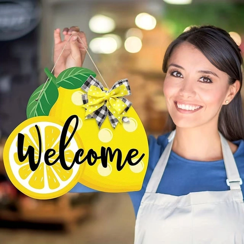 Panneau de Bienvenue Citron d'Été Accroche-Porte en Bois Ornement Suspendu Tranche de Citron Avec Nœud pour Porte d'Entrée Décoration Intérieure