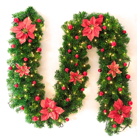 Guirnalda de Navidad Artificial Con Luces LED Flores de Pescua de Seda Adornos Para Decoración de Pared y Puerta de Hogar y Hotel