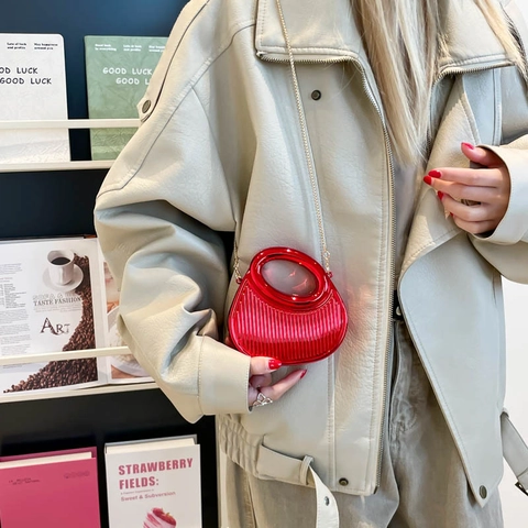 Small Acrylic Pleated Mini Shoulder Bag With Round Handle Metal Chain Strap For Women Trendy Fashion Crossbody Bag
