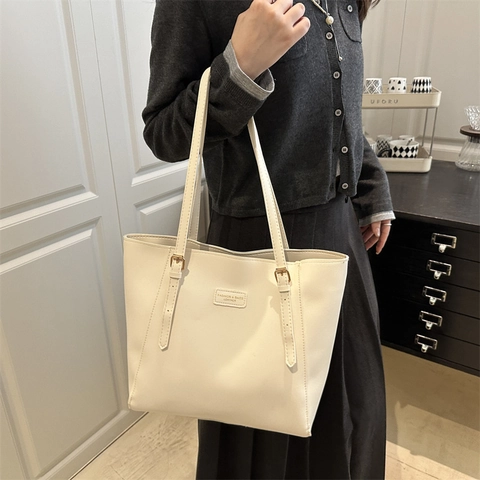 Women Minimalist PU Leather Tote Bag Large Capacity Commuter Shoulder Handbag With Adjustable Straps Vintage Solid Color Bag