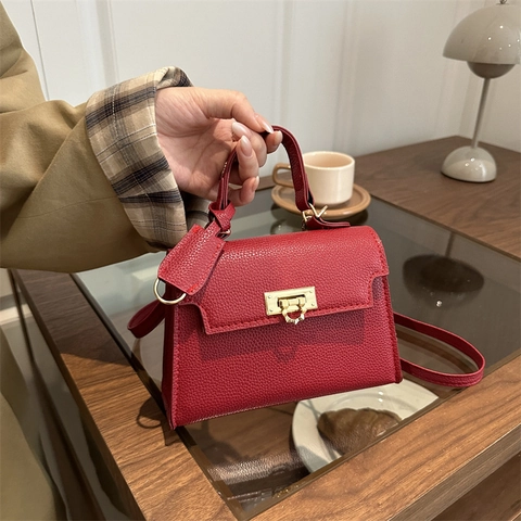 Borsa a Tracolla Donna Coreana Minimalista Trama Litchi Pelle PU Stile Kelly Con Hardware Oro Piccola Borsa a Mano Elegante