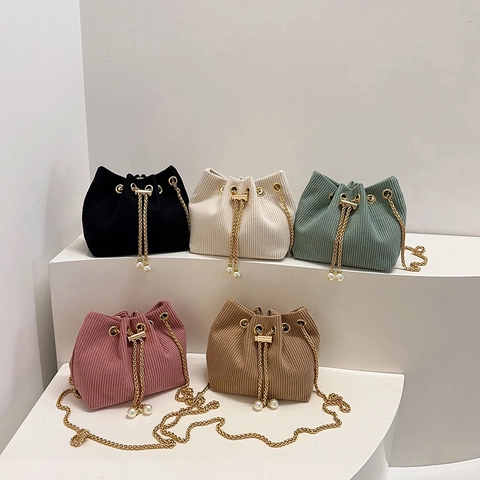 Women's Corduroy Bucket Bag With Artificial Pearl Drawstring Gold Chain Strap Fashion Shoulder Crossbody Handbag