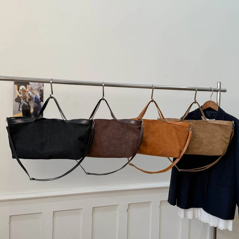 Retro Minimalist PU Suede Tote Bag Women Large Capacity Shoulder Crossbody Bag Fashion Solid Color Stitching Commute Handbag