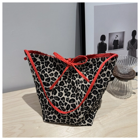 Bolso Tote De Lona Con Estampado De Leopardo Gran Capacidad Lazo Ajustable Elegante Bolso De Hombro Y Neceser
