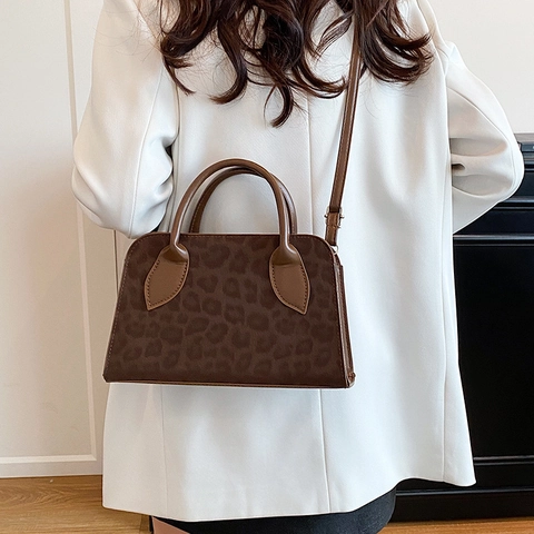 Women Leopard Print Handbag Vintage PU Leather Boston Crossbody Bag Retro Fashion Small Square Shoulder Bag For Commuting Daily