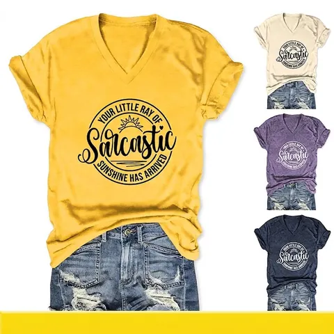 T-Shirt A Maniche Corte Scollo A V Da Donna Stampa Sarcastic Sunshine Misto Cotone Casual Nodo Laterale Top Estivo Moda