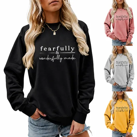 Felpa Da Donna Pullover Girocollo Maniche Lunghe Fearfully Wonderfully Made Stampa Lettere Misto Cotone Top Casual Larghi