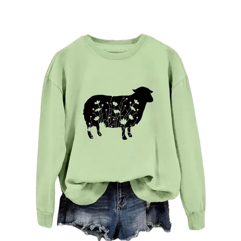 Women's Casual Round Neck Sweatshirt Fashion Sheep Floral Print Pullover Loose Fit Cotton Blend Streetwear Long Sleeve Top
