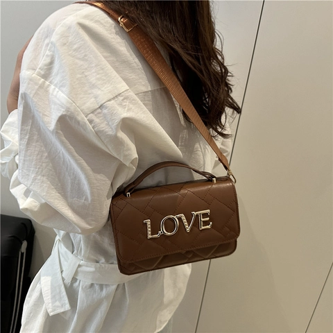 Women Quilted Crossbody Bag PU Leather Small Square Handbag With Gold Metal LOVE Letter Wide Strap Fashion Shoulder Bag
