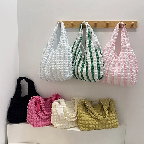 Women Popcorn Texture Tote Bag Large Capacity Lightweight Pleated Bubble Fabric Shoulder Bag Casual Striped Solid Color Hobo Handbag