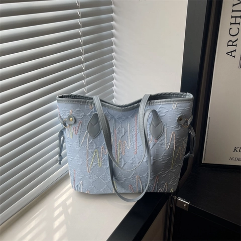Borsa Tote da Donna Grande Capacità in PU Con Ricamo a Onde Colorate Borsa a Spalla alla Moda per Pendolari Borsa per il Tempo Libero Goffrata