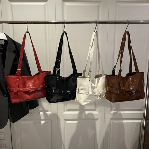 Tote Bag Women PU Leather Retro High Capacity Commuter Office Shoulder Bag With Decorative Belt Grommets Magnetic Buckle