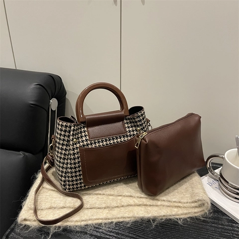 Vintage Hahnentritt Patchwork Damen Umhängetasche PU Leder Gewebe Handtasche Crossbody Tasche Holzgriff Stilvolle Tasche Geschenk