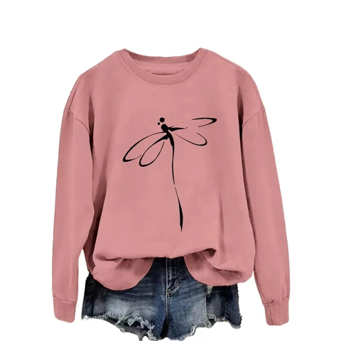 Women's Dragonfly Line Print Sweatshirt Cotton Blend Crew Neck Long Sleeve Pullover Casual Loose Fit Fashion Jumper Top