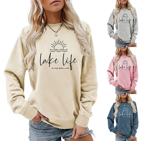 Lake Life Is The Best Life Printed Crewneck Sweatshirt For Women Long Sleeve Casual Pullover Graphic Cotton Blend Top