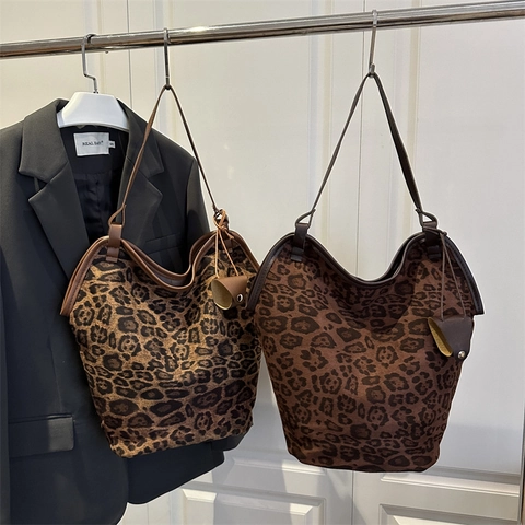 Borsa Tote in Tela con Stampa Leopardata da Donna Vintage Grande Capacità Borsa a Spalla Moda Autunno Inverno Shopper